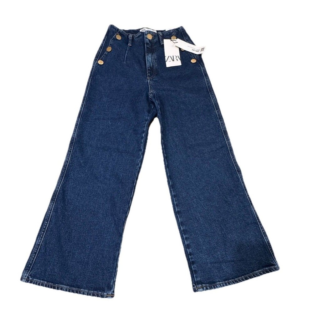 Zara Wide Leg Crop Jeans Womens 4 Blue Sailor Pocket Button Hi Rise Nautical NWT
